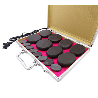 16pcs Conjunto de masajes de piedra caliente con calentador Conjunto de masajes de piedra basalto con calefacción Conjunto negro con caja de calentamiento de aluminio