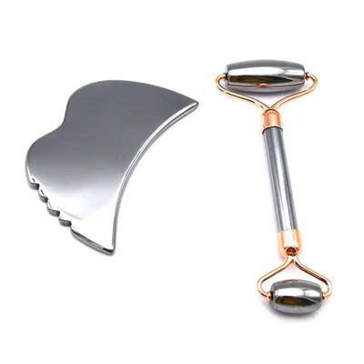 Herramientas para el cuidado de la piel Piedra de energía Masajeador de Guasha para la cara Ojos Cuello Dedo 5,5 * 14 cm Plata Terahertz Facial Roller Gua Sha Set
