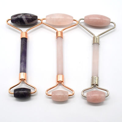 Logotipo personalizado Disponibled Roller de jade de oro rosa para el cuidado de la piel del rostro 100% natural doble cabeza de rosa de cuarzo Roller facial para adelgazar el rostro
