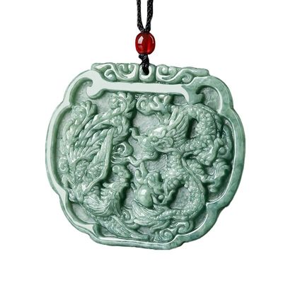 Tema de amor colgante de jadeita natural colgante en estilo Feng Shui con dragón auspicioso y fénix