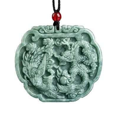 Tema de amor colgante de jadeita natural colgante en estilo Feng Shui con dragón auspicioso y fénix