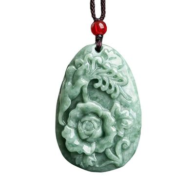 Jadeite Peonía Flor Magpie colgante Jade suéter cadena impresionante arte coleccionable para hombres y mujeres