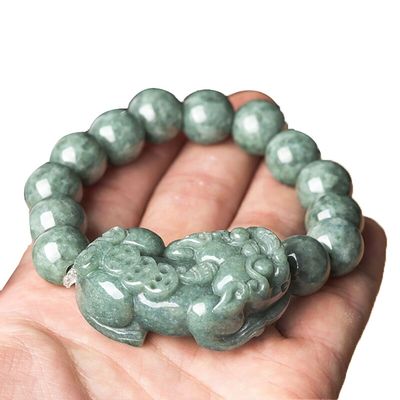 Brazalete de jadeita tallada aceite verde pixiu hombres y mujeres brazaletes de encanto accesorios anillo de regalo de cumpleaños 13mm diámetro de cuentas
