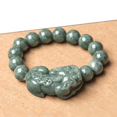 Brazalete de jadeita tallada aceite verde pixiu hombres y mujeres brazaletes de encanto accesorios anillo de regalo de cumpleaños 13mm diámetro de cuentas