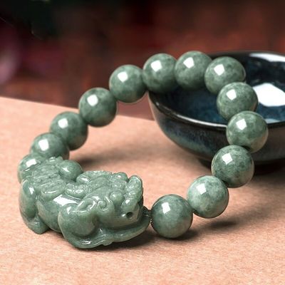 Brazalete de jadeita tallada aceite verde pixiu hombres y mujeres brazaletes de encanto accesorios anillo de regalo de cumpleaños 13mm diámetro de cuentas