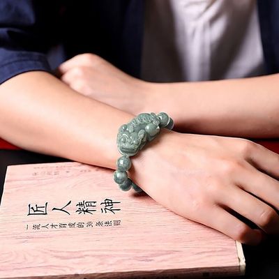 Brazalete de jadeita tallada aceite verde pixiu hombres y mujeres brazaletes de encanto accesorios anillo de regalo de cumpleaños 13mm diámetro de cuentas