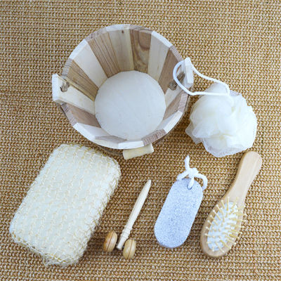 Limpieza corporal Conjunto de baño de madera con cepillo de cabello Pumice Piedra Baño Pouf Sisal Esponja Masajista 6Pcs Baño de Spa Conjunto de regalo de belleza