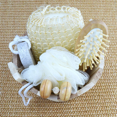 Limpieza corporal Conjunto de baño de madera con cepillo de cabello Pumice Piedra Baño Pouf Sisal Esponja Masajista 6Pcs Baño de Spa Conjunto de regalo de belleza