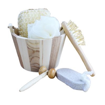 Conjunto de masajeador corporal baño en barrica de cinco piezas con piedra pómez masajeador facial champú peine esponja de baño y ducha