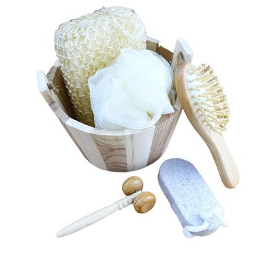 Conjunto de masajeador corporal baño en barrica de cinco piezas con piedra pómez masajeador facial champú peine esponja de baño y ducha