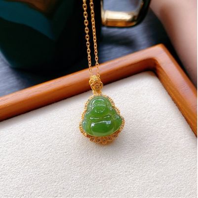 925 Plata con incrustaciones de Nefrita Verde Jade Riendo Buda collar colgante con piedras de cristal y tamaño pequeño