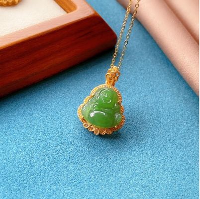 925 Plata con incrustaciones de Nefrita Verde Jade Riendo Buda collar colgante con piedras de cristal y tamaño pequeño