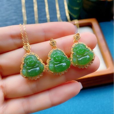925 Plata con incrustaciones de Nefrita Verde Jade Riendo Buda collar colgante con piedras de cristal y tamaño pequeño