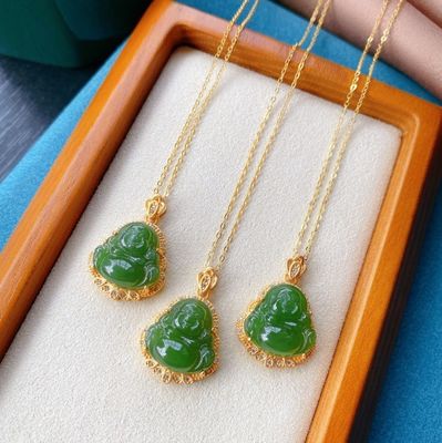 925 Plata con incrustaciones de Nefrita Verde Jade Riendo Buda collar colgante con piedras de cristal y tamaño pequeño