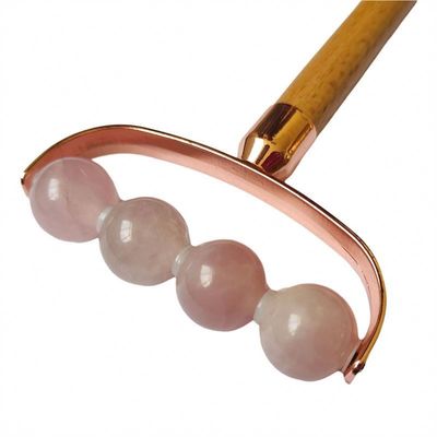 Masajeador facial portátil de cuarzo rosa de cabeza única Facial antiarrugas rodillo mango de madera