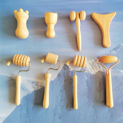 Logotipo personalizado DisponibleD Facial de haya Mini Herramientas de escultura de la terapia de la madera del rostro de masaje de rodillos Conjuntos de terapia facial de madera