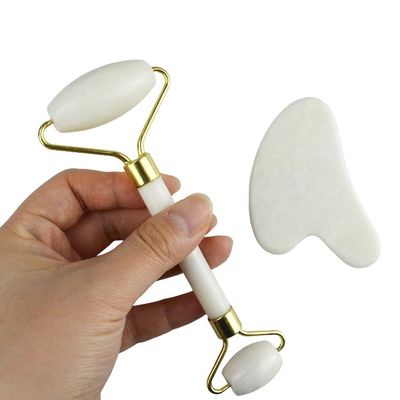 Masajista corporal de piedra blanca de jade natural Gua Sha Scraping Board Guasha Face Roller Gift Box Set Spa Massage Tool Cuidado de la piel