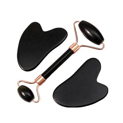 Escarabajo corporal Logotipo personalizado disponibleRoller de masaje facial de piedra blanca negra natural Guasha Set de rodillos de jade negro para masaje
