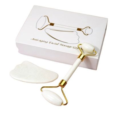 Logotipo personalizado DisponibleRoller de Jade Blanco y Guasha Set para Masaje Facial Gua Sha Con Caja de Regalo para los músculos del cuerpo