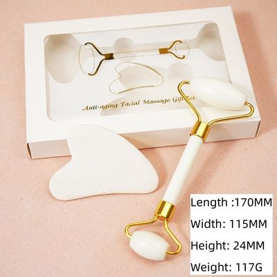 Logotipo personalizado DisponibleRoller de Jade Blanco y Guasha Set para Masaje Facial Gua Sha Con Caja de Regalo para los músculos del cuerpo