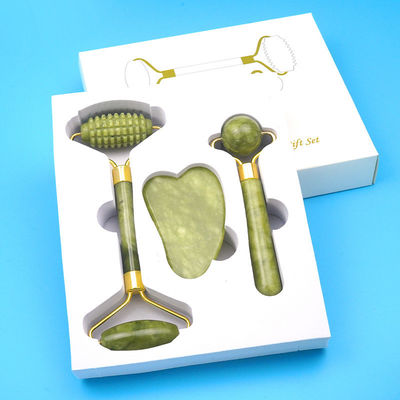 Cuerpo Musculos Natural de Jade Gua Sha Tabla de raspado Guasha Caras de rodillo Caja de regalos de tres piezas Conjunto de herramientas de masaje de spa Cuidado de la piel Belleza facial