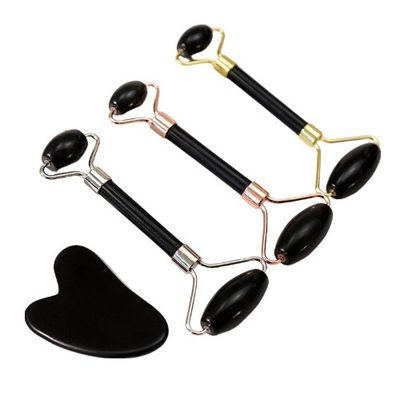 Masaje muscular personalizado Black Bian Stone Gua Sha Scraping Board Guasha Face Roller Box Set para el cuidado de la piel en el spa