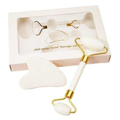 Herramienta para el cuidado de la piel piedra de jade blanca natural Gua Sha Scraping Board Guasha Face Roller Box Gift Set para masaje de músculos del cuerpo