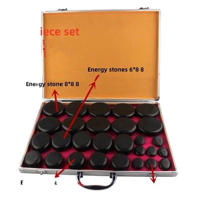 Masaje muscular Kit de masaje de piedras calientes Caja de calentamiento de aluminio con 28 piezas de piedras de energía basáltica en negro