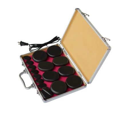 Logotipo personalizado Disponible en el Spa Masaje con piedras calientes Esencial con 18 piedras de energía de basalto y caja de calentamiento de aluminio