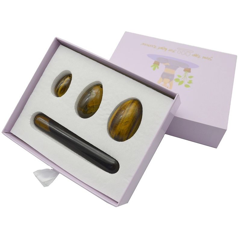 4 piezas de ojo de tigre perforado huevos y varitas Yoni conjunto con caja perfecto para las vacaciones y la colección de estatuas de talla de piedra
