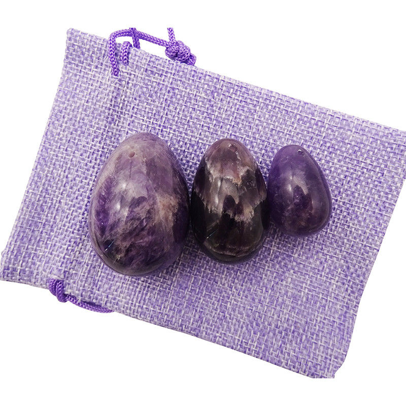 Tipo de talla de piedra preciosa Ametista natural de cristal de huevo conjunto de 3 PCS de mano tallado Kegel huevos de jade para mujeres empoderamiento