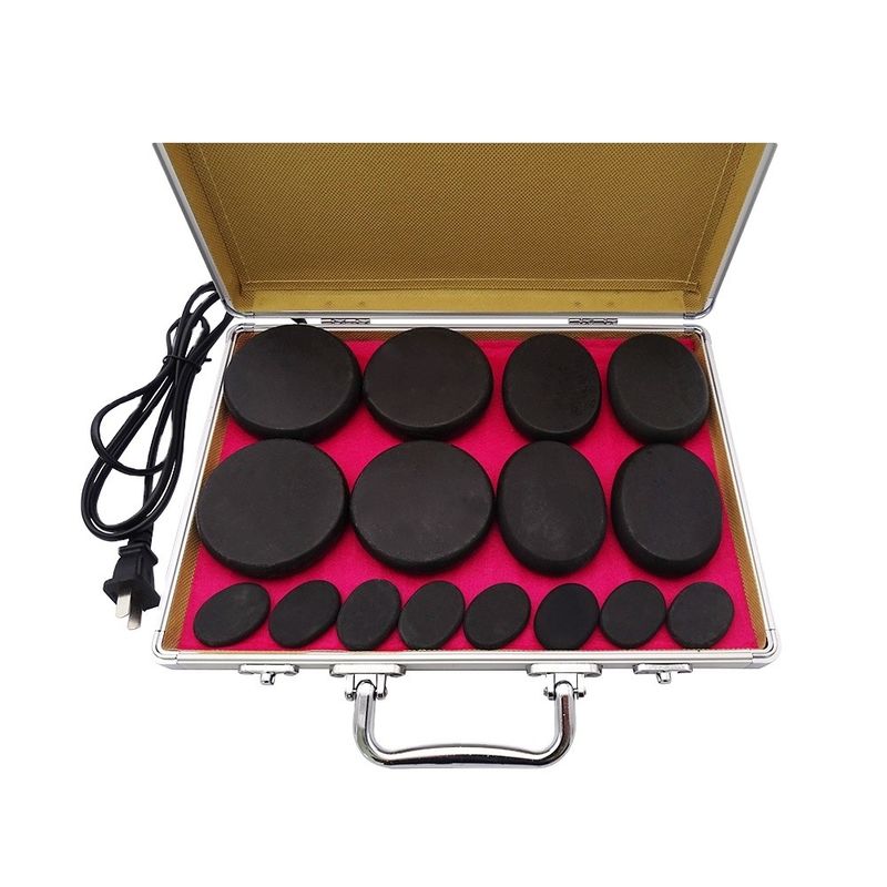 16pcs Conjunto de masajes de piedra caliente con calentador Conjunto de masajes de piedra basalto con calefacción Conjunto negro con caja de calentamiento de aluminio
