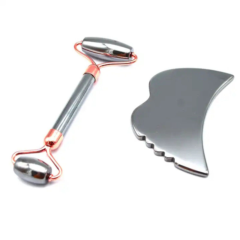 Herramientas para el cuidado de la piel Piedra de energía Masajeador de Guasha para la cara Ojos Cuello Dedo 5,5 * 14 cm Plata Terahertz Facial Roller Gua Sha Set