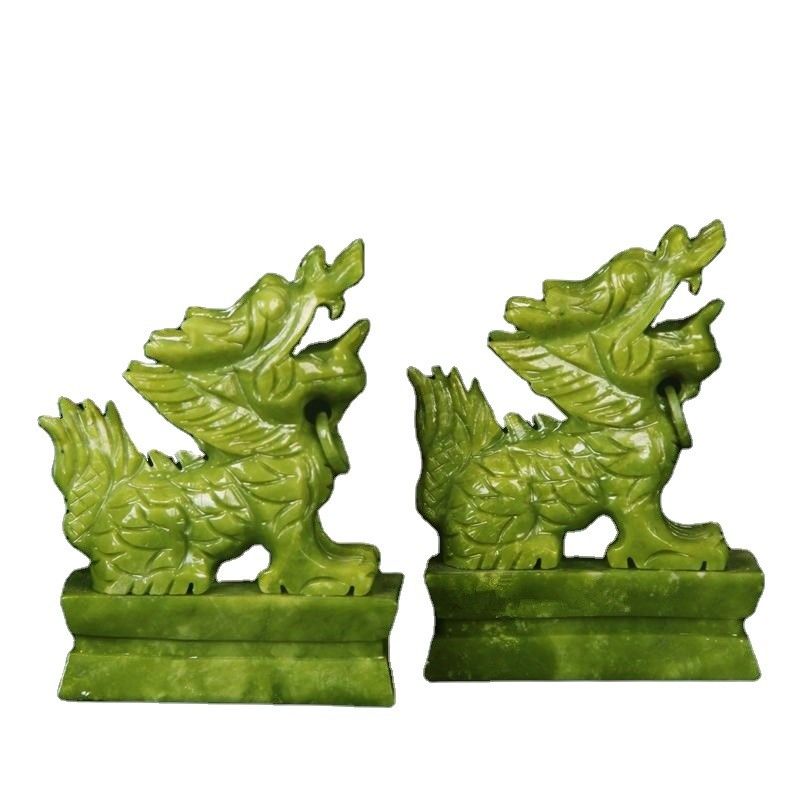 Piedra verde Feng Shui grabado Figura de animal tallado Año chino Jade Pixiu Estatua para Feng Shui Pareja de decoración