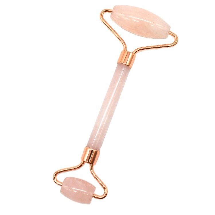 Logotipo personalizado Disponibled Roller de jade de oro rosa para el cuidado de la piel del rostro 100% natural doble cabeza de rosa de cuarzo Roller facial para adelgazar el rostro