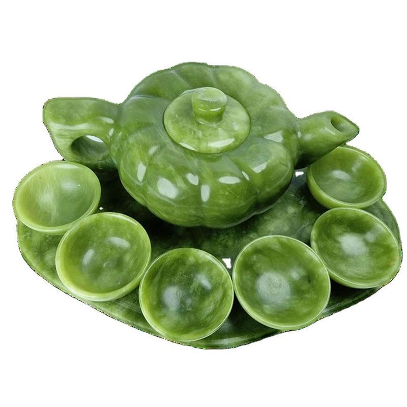 Conjunto de tetera de jade de artesanía tradicional china con 6 tazas y 1 placa de jade Edición limitada Colección de piedras preciosas