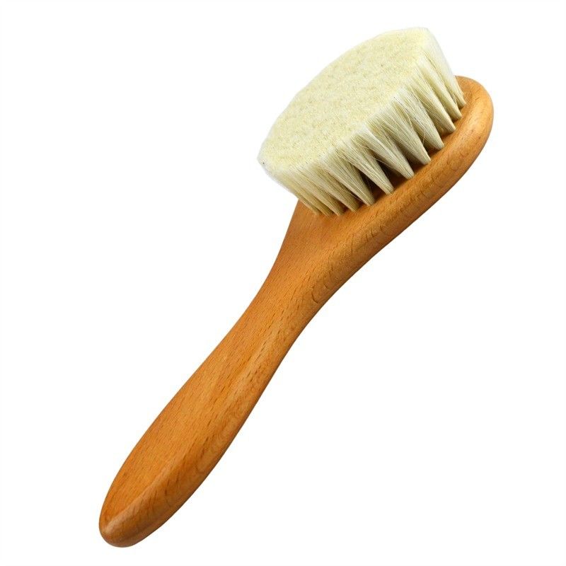 Pincelas suaves naturales de lana cepillado seco mango de madera cepillado de cabello de bebé logotipo personalizado limpieza del cuerpo facial herramienta de baño para masaje de la piel