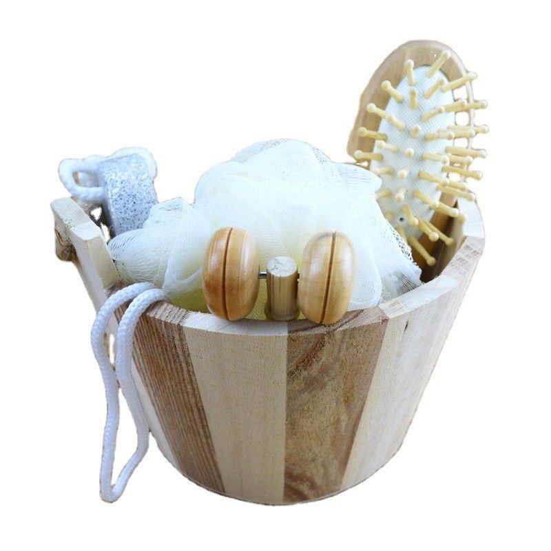 Limpieza corporal Conjunto de baño de madera con cepillo de cabello Pumice Piedra Baño Pouf Sisal Esponja Masajista 6Pcs Baño de Spa Conjunto de regalo de belleza