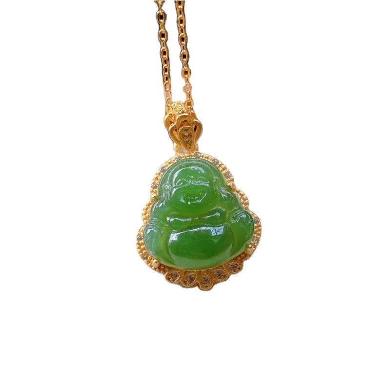 925 Plata con incrustaciones de Nefrita Verde Jade Riendo Buda collar colgante con piedras de cristal y tamaño pequeño