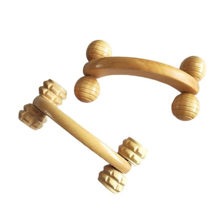 Cuatro carretillas de rodillos de madera sólida portátiles con manija de masaje muscular y herramienta manual de cuidado de la salud corporal de Guasha
