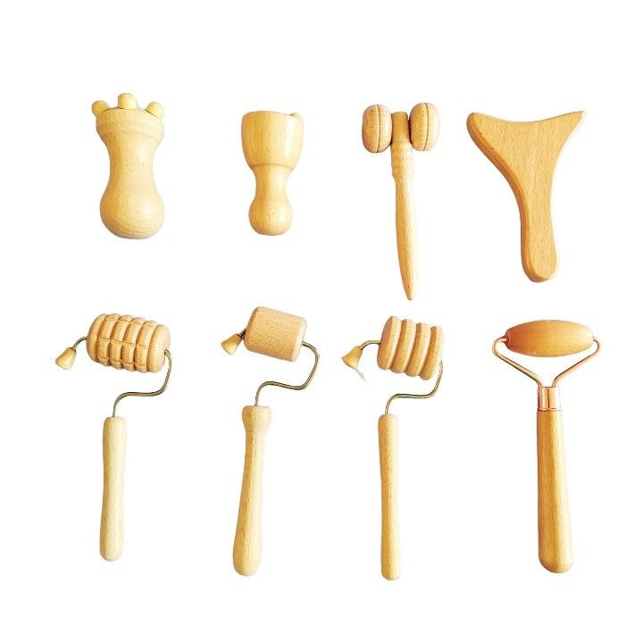 Logotipo personalizado DisponibleD Facial de haya Mini Herramientas de escultura de la terapia de la madera del rostro de masaje de rodillos Conjuntos de terapia facial de madera