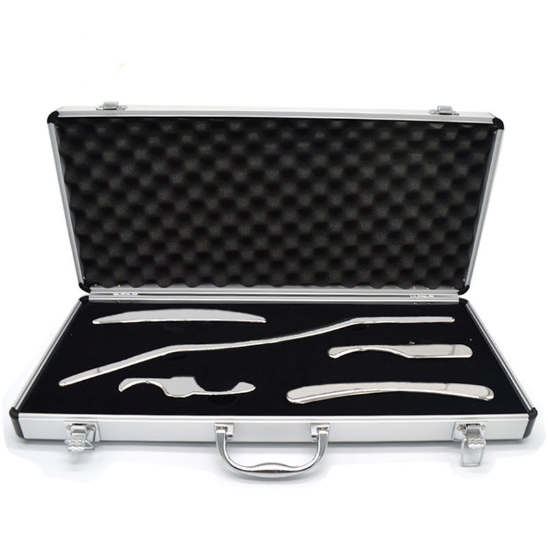 Propiedades de plata de acero inoxidable de grado médico Herramientas Gua Sha para masajeador de belleza Propiedades 5 en 1 conjunto