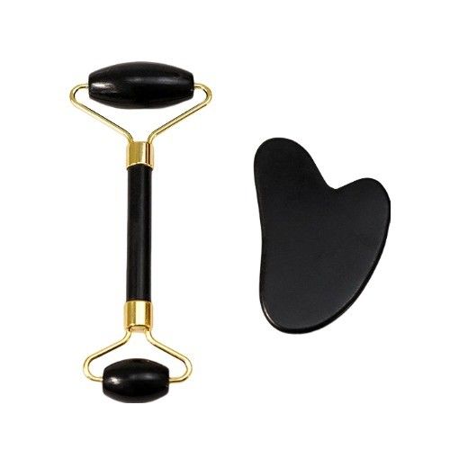 Escarabajo corporal Logotipo personalizado disponibleRoller de masaje facial de piedra blanca negra natural Guasha Set de rodillos de jade negro para masaje