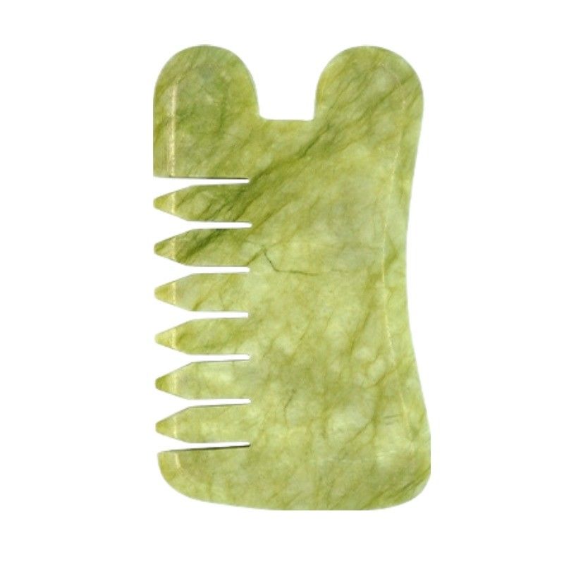 Natural verde Xiuyan Jade Gua Sha Cuero cabelludo de masaje peine Guasha Piedra masajeador de cabeza para el cabello Salón de belleza de cuidado de la salud