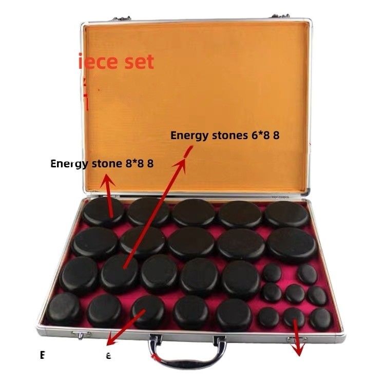 Masaje muscular Kit de masaje de piedras calientes Caja de calentamiento de aluminio con 28 piezas de piedras de energía basáltica en negro